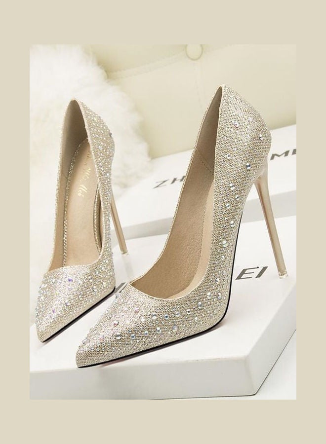 High Heeled Pointed Toe Rhinestone Decor Fashion Pumps Gold 