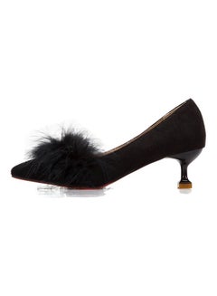 Generic Pointed Toe Solid Color Fluffy Elegant Ladylike Mid Heels Pumps Black 