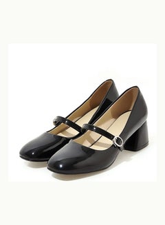 Generic Thick Heel Buckle Solid Color Trendy Pumps Black 