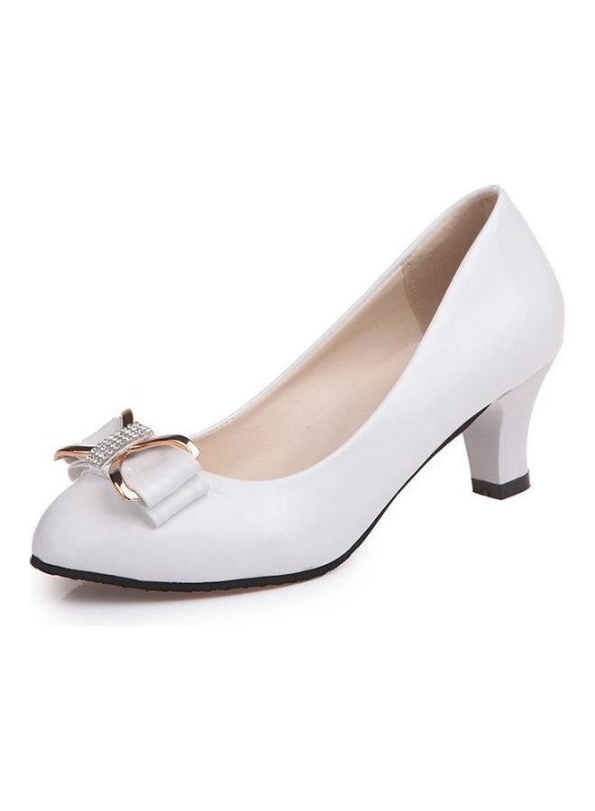 Pointed Toe Bow Knot Low Cut Thick Heel Sweet Trendy Pumps White