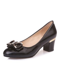 Generic Thick Heel Pointed Toe Solid Color Metal Bowknot Vintage Pumps Black 
