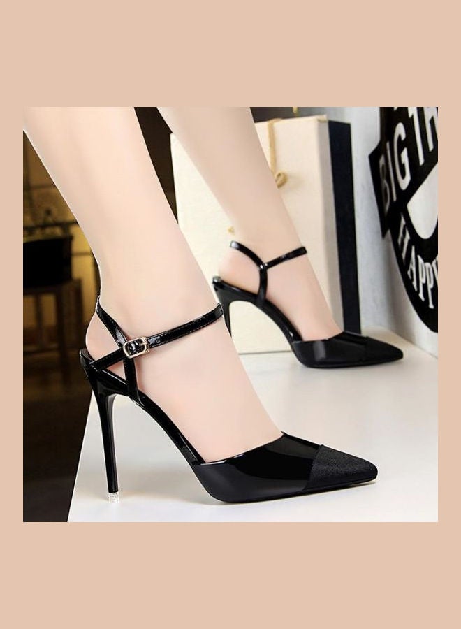 High Heel Hollow Out Patchwork Pointed Toe Pumps Black 