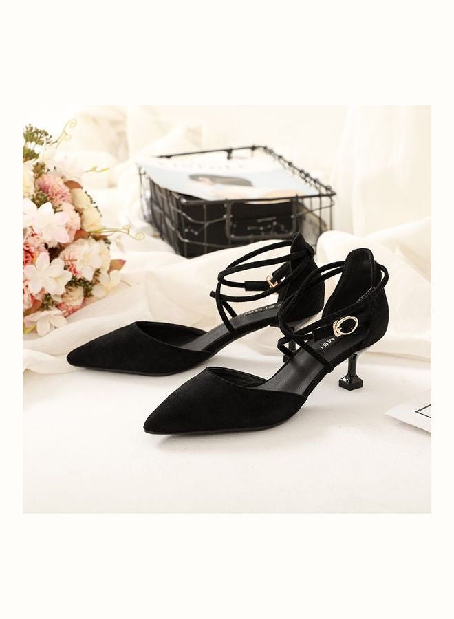 Mid Heel Solid Color Ankle Strap Pointed Toe Pumps Black