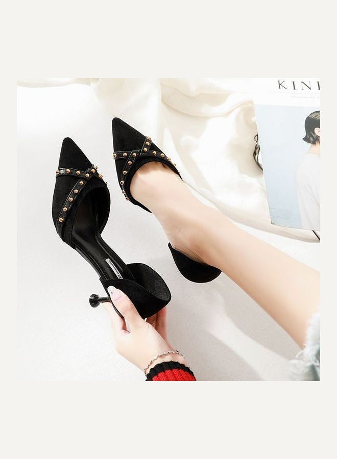 Generic - Mid Heel Color Block Hollow Out Pointed Toe Pumps Black - Image 1