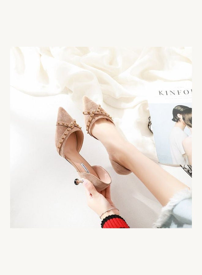 Mid Heel Color Block Hollow Out Pointed Pumps Beige 