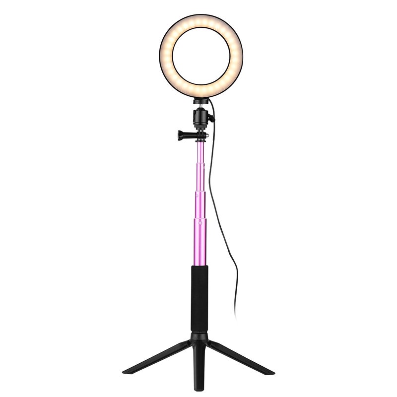Mini LED Ring Light Photography Lamp Dimmable 3 Lighting Modes USB Powered with Telescopic Stand Pink - Image 3