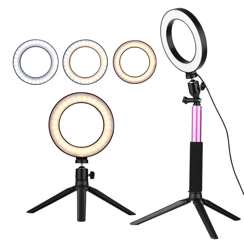 Mini LED Ring Light Photography Lamp Dimmable 3 Lighting Modes USB Powered with Telescopic Stand Pink - Image 1