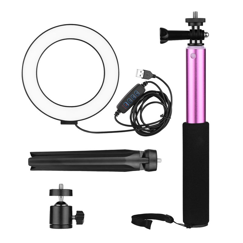 Mini LED Ring Light Photography Lamp Dimmable 3 Lighting Modes USB Powered with Telescopic Stand Pink - Image 5