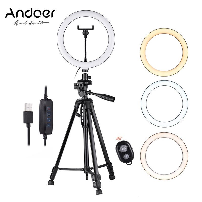 ANDOER - LED Ring Light with Tripod Stand Phone Holder Multicolour - Image 1