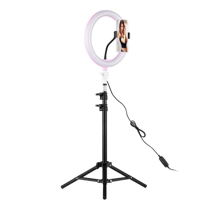 LED Ring Light with Stand Universal Phone Holder Kit Pink - Image 1