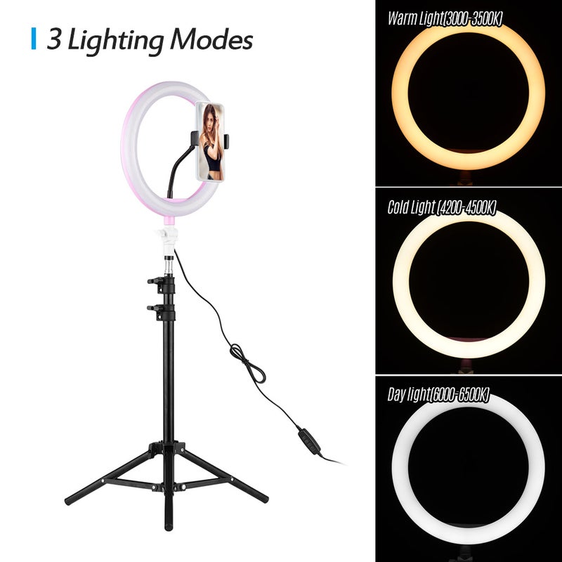 LED Ring Light with Stand Universal Phone Holder Kit Pink - Image 2