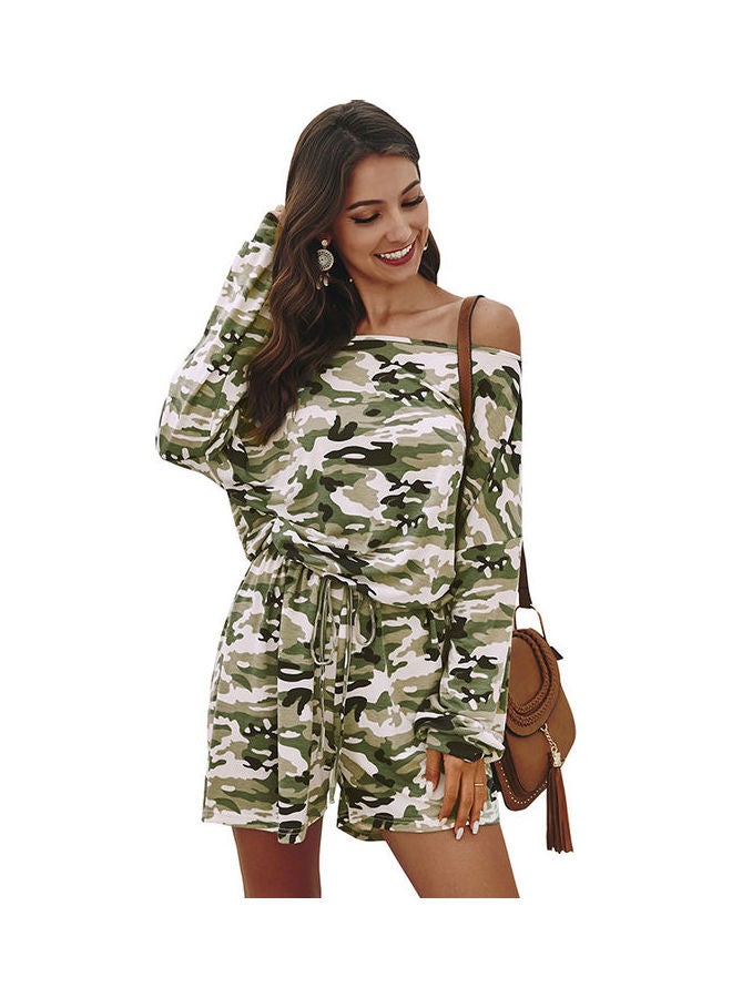 Camouflage Printed Drawstring Jumpsuit Light Green/White  - Image 2