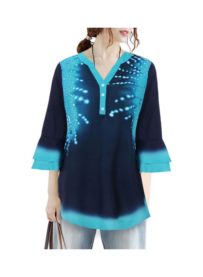 تيشيرت كاجوال صيفي برقبة على شكل حرف V بنمط كتل ألوان وأكمام نصفية وأزرار أزرق فاتح - Image 1