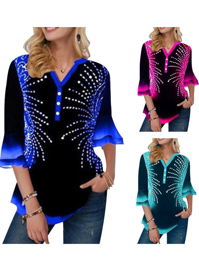 تيشيرت كاجوال صيفي برقبة على شكل حرف V بنمط كتل ألوان وأكمام نصفية وأزرار أزرق فاتح - Image 3