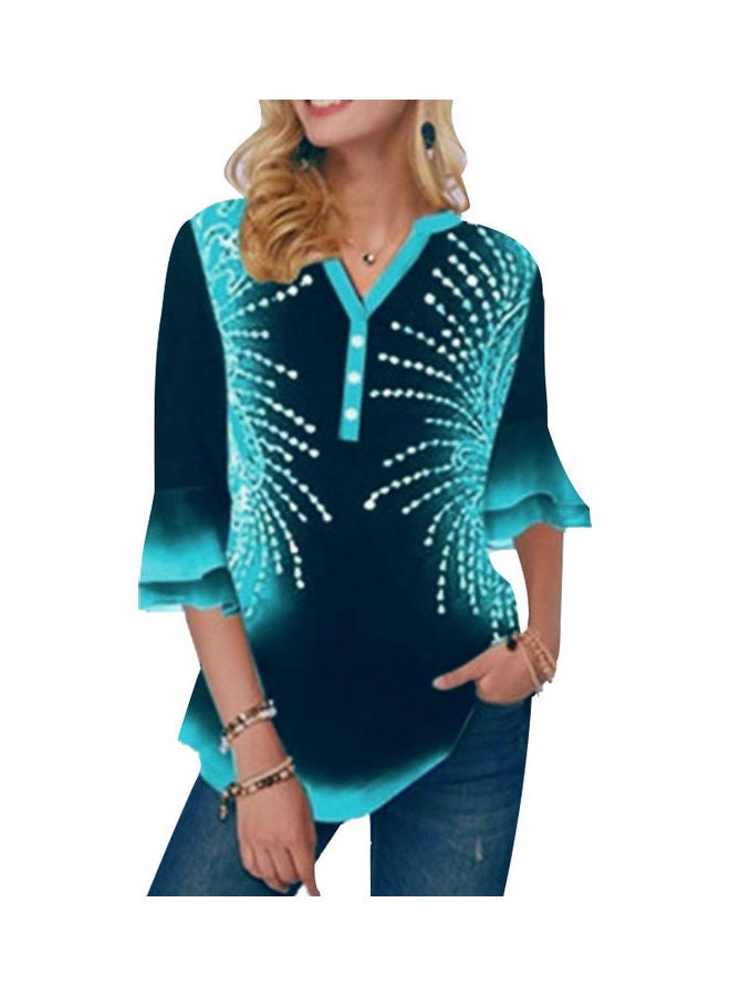 تيشيرت كاجوال صيفي برقبة على شكل حرف V بنمط كتل ألوان وأكمام نصفية وأزرار أزرق فاتح - Image 5