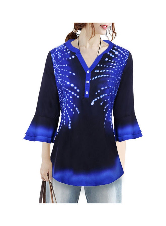 Casual Blouse Print Color Block V-neck Half Sleeves Button Basic Tops T-shirt Royal Blue - Image 1