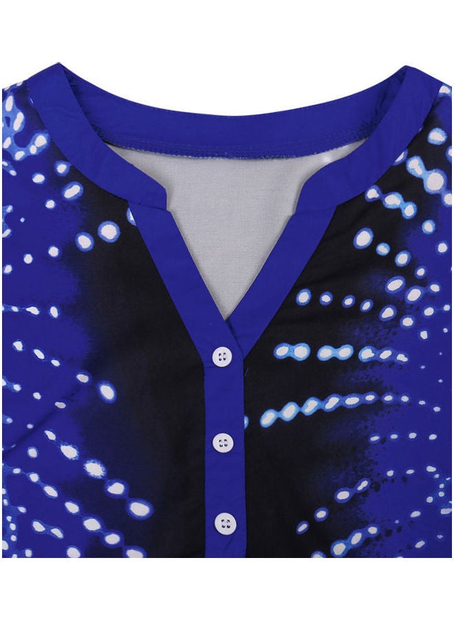 Casual Blouse Print Color Block V-neck Half Sleeves Button Basic Tops T-shirt Royal Blue - Image 3