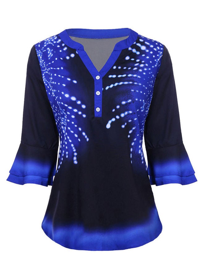 Casual Blouse Print Color Block V-neck Half Sleeves Button Basic Tops T-shirt Royal Blue - Image 2