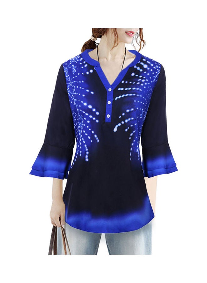 Casual Blouse Print Color Block V-neck Half Sleeves Button Basic Tops T-shirt Royal Blue - Image 4