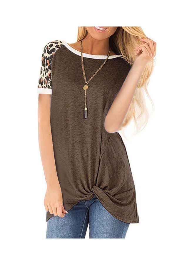 Generic Long T-shirt Leopard Splice Color Block Short Sleeve O Neck Casual Tops Loose Blouse Coffee  - Image 1