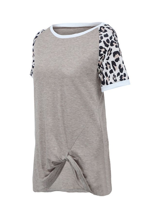 Long T-Shirt Leopard Splice Color Block Short Sleeve O Neck Casual Tops Loose Blouse Khaki  - Image 3