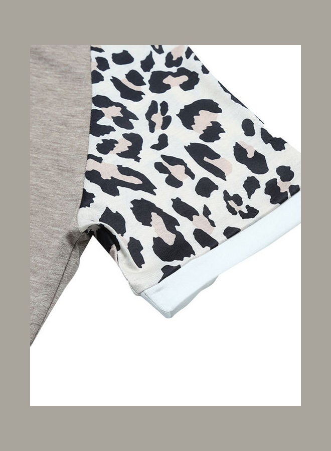 Long T-Shirt Leopard Splice Color Block Short Sleeve O Neck Casual Tops Loose Blouse Khaki  - Image 4