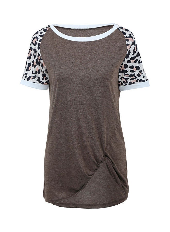 Generic Long T-shirt Leopard Splice Color Block Short Sleeve O Neck Casual Tops Loose Blouse Coffee  - Image 2