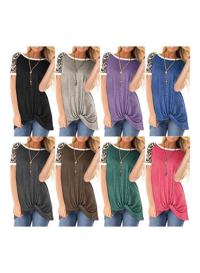 Generic Long T-shirt Leopard Splice Color Block Short Sleeve O Neck Casual Tops Loose Blouse Coffee  - Image 3