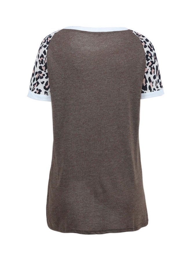Generic Long T-shirt Leopard Splice Color Block Short Sleeve O Neck Casual Tops Loose Blouse Coffee  - Image 4