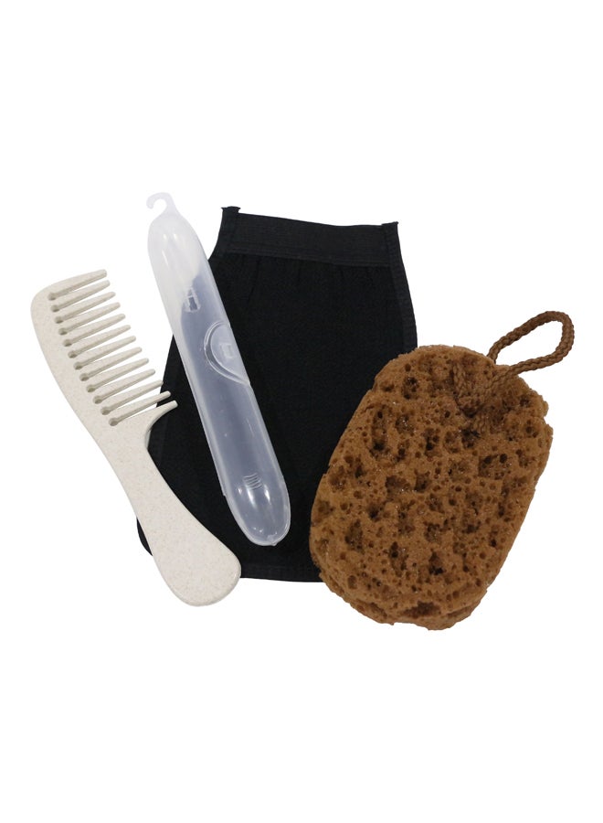 4-Piece Body Sponge Bath Scrub Gloves With Comb And Tootbrush Case Set Brown/Black/White 25x20cm 
