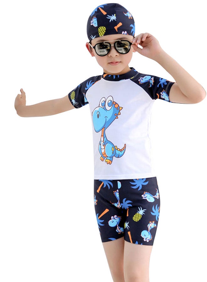 3-Piece Kid's Cartoon Dinosaur Pattern Swimsuit Set White Triceratops  - Image 1