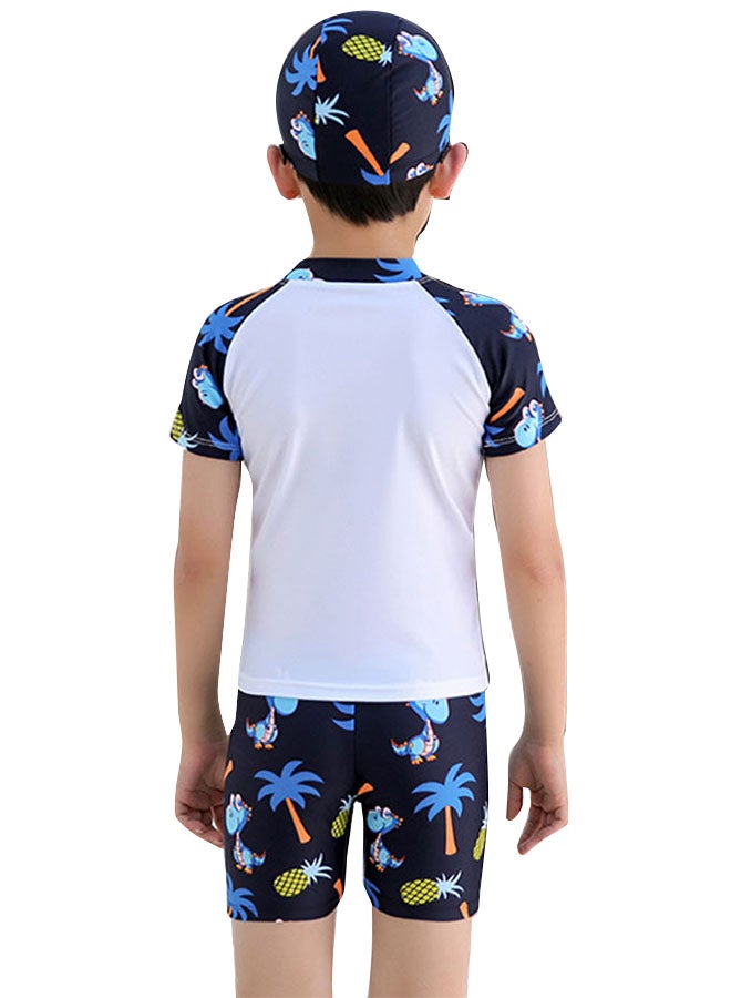 3-Piece Kid's Cartoon Dinosaur Pattern Swimsuit Set White Triceratops  - Image 2