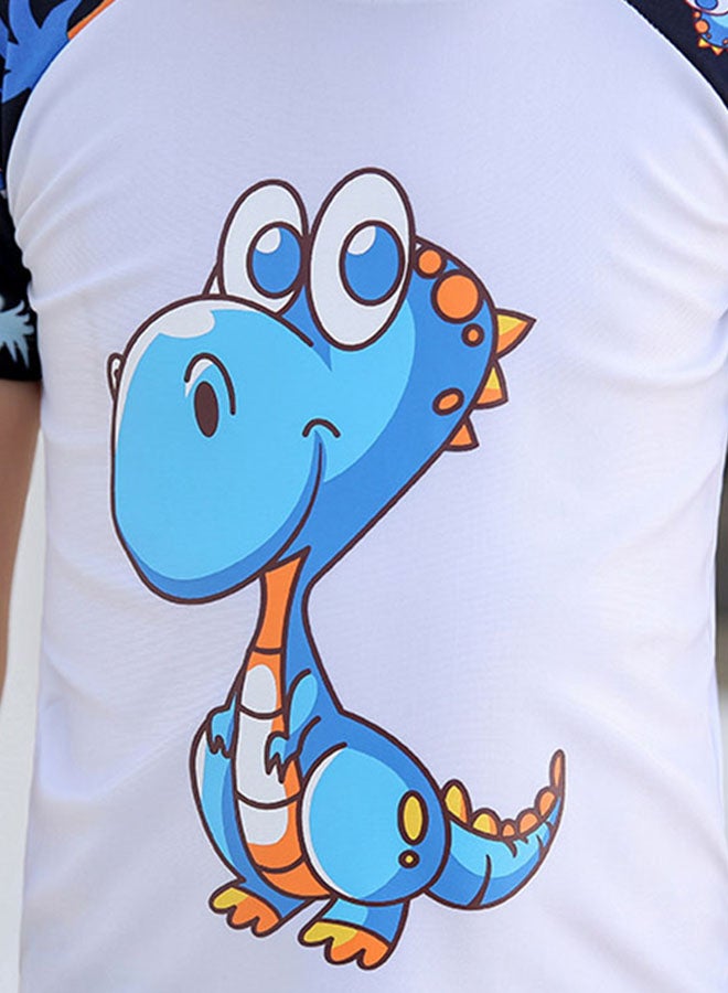3-Piece Kid's Cartoon Dinosaur Pattern Swimsuit Set White Triceratops  - Image 3