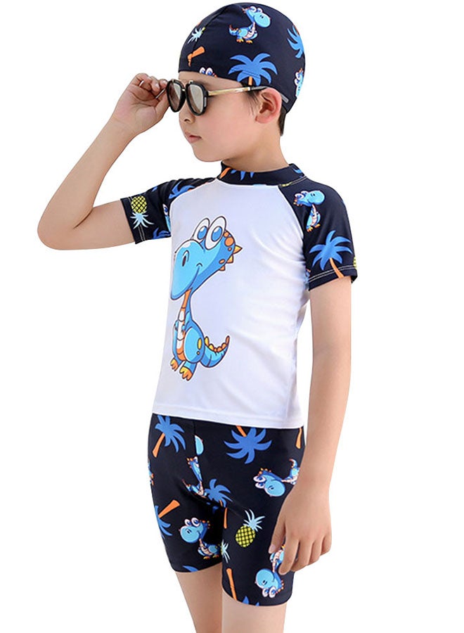 3-Piece Kid's Cartoon Dinosaur Pattern Swimsuit Set White Triceratops  - Image 5