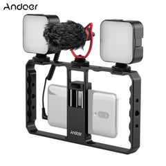 ANDOER Smartphone Video Rig Grip With Dual LED Light Microphone And Shock Mount Black  - Image 1