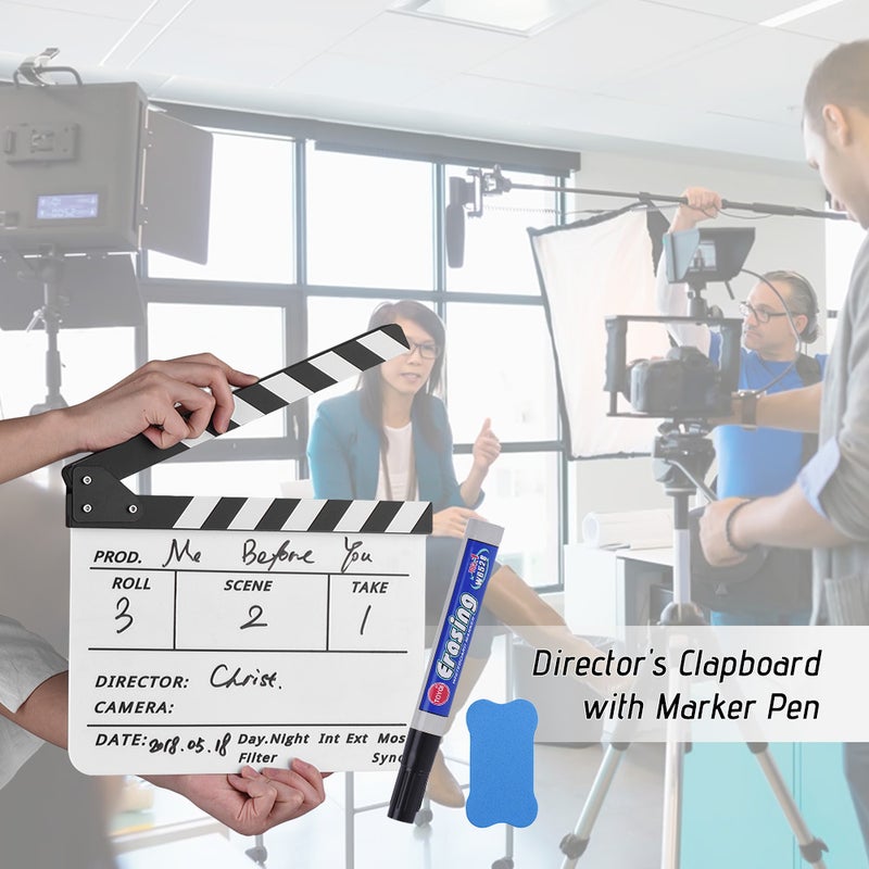 Acrylic Movie Dry Erase Clapboard With Marker Pen Eraser 32 x 26cm White/Black  - Image 1