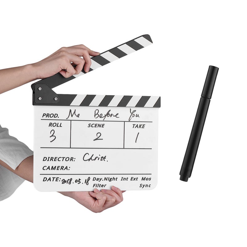 Acrylic Movie Dry Erase Clapboard With Marker Pen 31.6 x 25.5cm White/Black  - Image 1