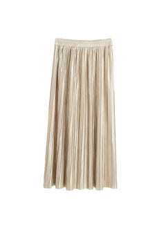 New Brief Europe Pleated Skirt Solid Color High Waist Elasticated Waistband Lined Midi Skirt Beige