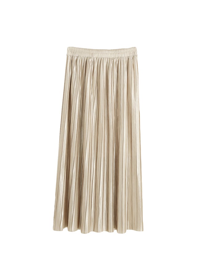 Generic - New Brief Europe Pleated Skirt Solid Color High Waist Elasticated Waistband Lined Midi Skirt Beige - Image 1