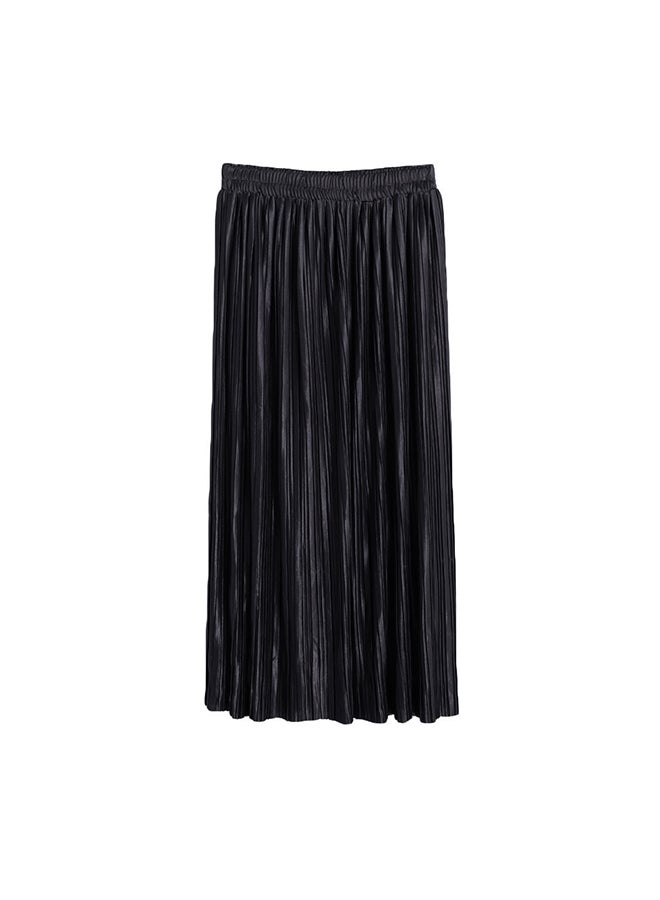 New Brief Europe Pleated Skirt Solid Color High Waist Elasticated Waistband Lined Midi Skirt Black 