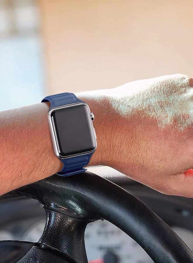 Foxcon - Replacement Leather Link Apple Watch Band for 45/44/42mm Dark Blue - Image 1