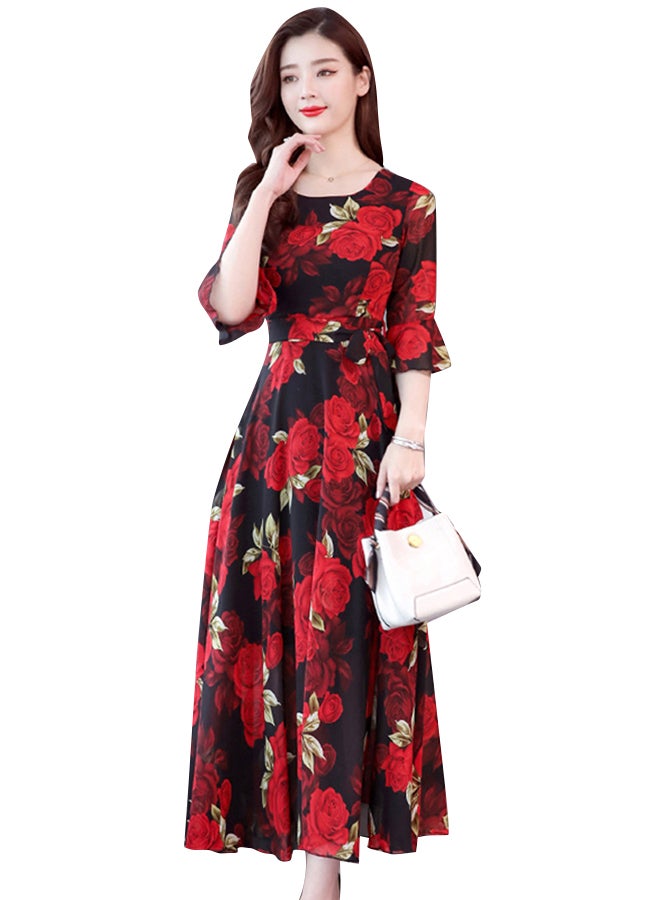 Floral A-Line Bohemian Dress Black/Red  - Image 1