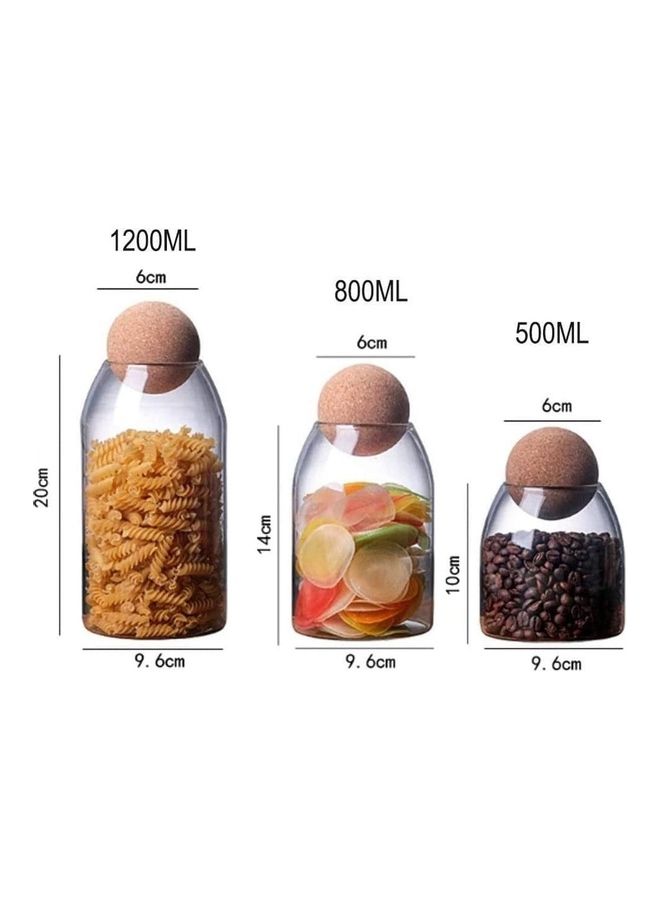 Lushh - 3-Piece Glass Food Storage Jar With Round Ball Cork Lid Clear 1200ml - Image 1