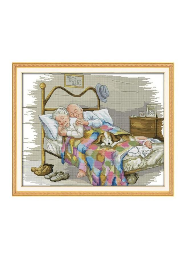 Decdeal The Old Married Couple Pattern Cross Stitch Kit With Pre Printed Canvas Cloth Grey/White/Gold 17.3 14x14inch  - Image 1