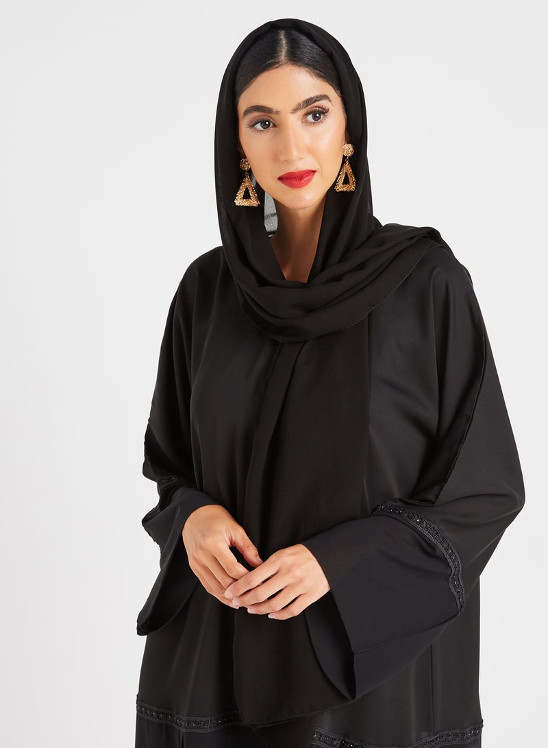 حياة - عباية بأجزاء شفافة مع وشاح أسود - Image 1