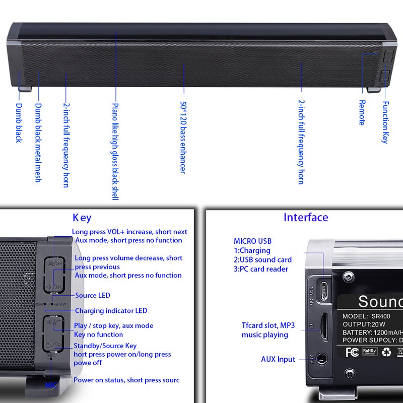 Generic - Wired and Wireless Mini Soundbar Bluetooth Speaker Black - Image 1