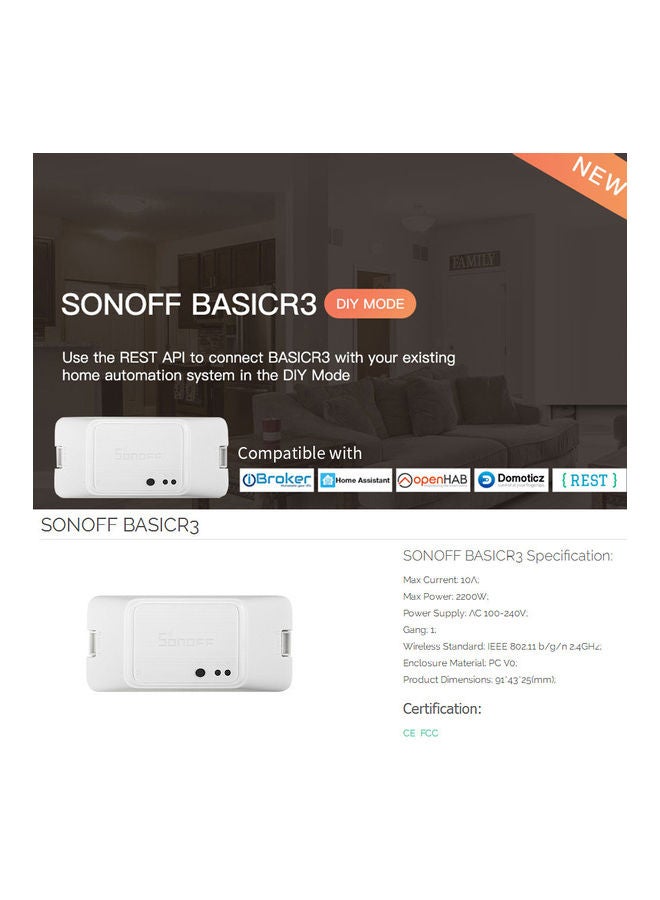 SONOFF - BASICR3 WIFI DIY Smart Switch With Timer Internet APP Voice LAN Control DIY Mode Compatible With Amazon Alexa Google Home Nest White 9.50X3.00X4.50cm - Image 1