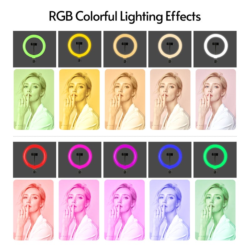 حلقة إضاءة LED بإضاءة متعددة الألوان RGB قابلة للتعتيم مقاس 10 بوصات مناسبة لإضاءة التعبئة أسود/ أبيض - Image 2
