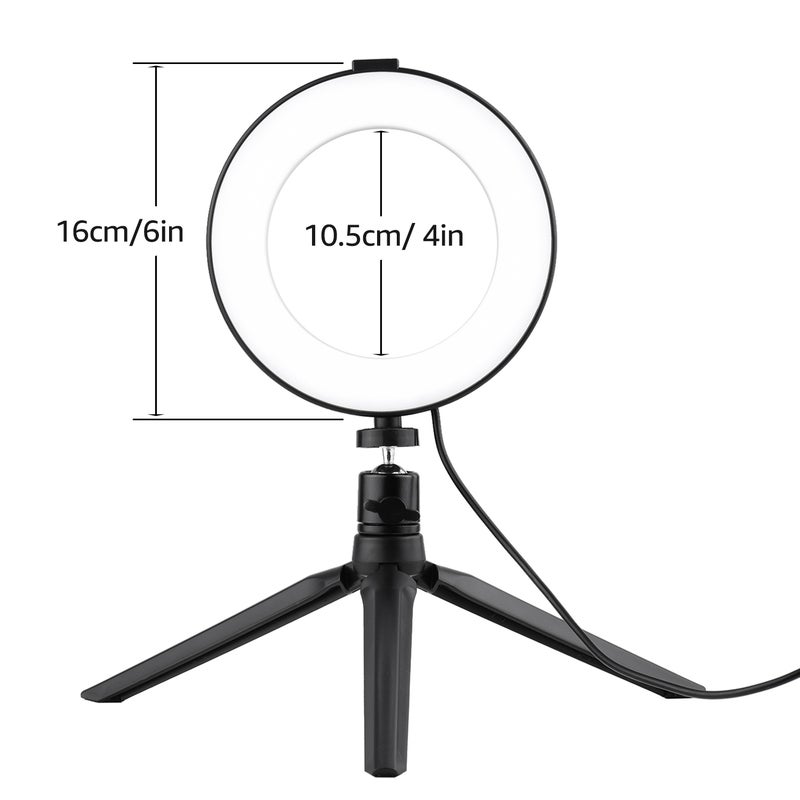 مصباح LED حلقي مقاس 6 بوصات مزود بأوضاع إضاءة وقابل للتعتيم مزود بمحول ذي رأس كروي أسود/أبيض - Image 5