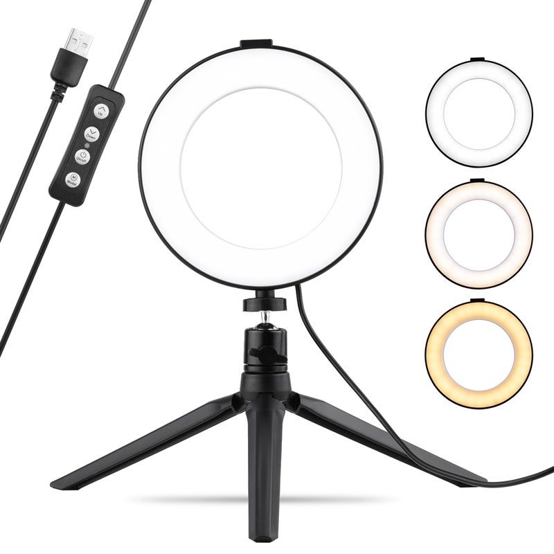 مصباح LED حلقي مقاس 6 بوصات مزود بأوضاع إضاءة وقابل للتعتيم مزود بمحول ذي رأس كروي أسود/أبيض - Image 4